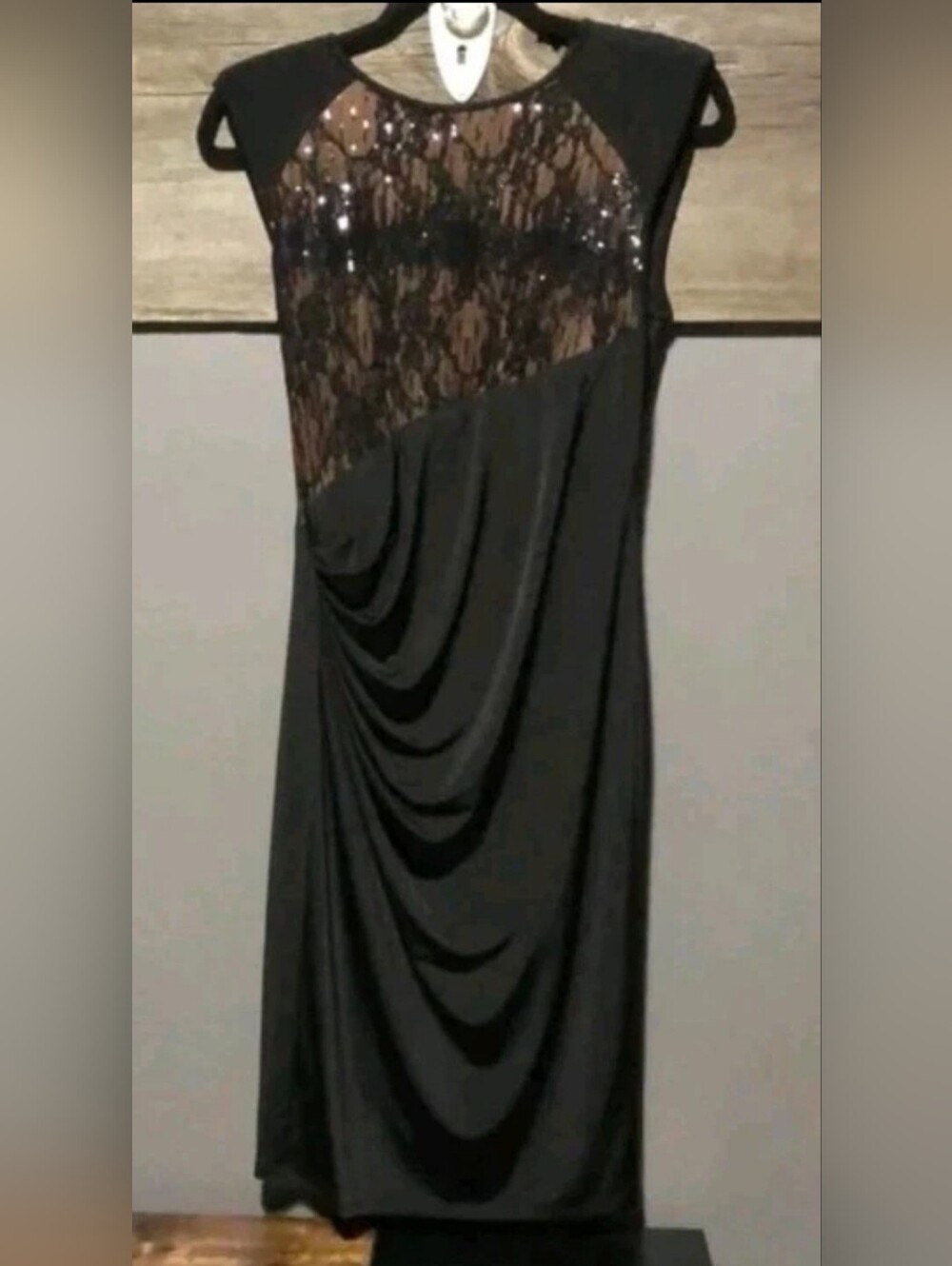 Anne Klein Black Lace-Accented Draped Maxi Dress